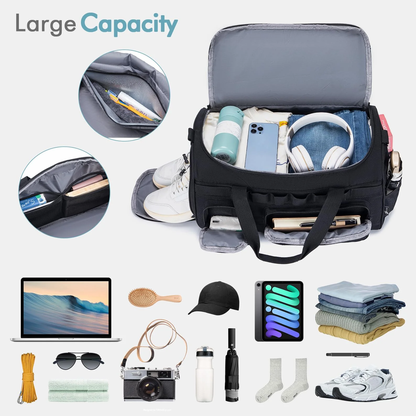 BAGZY Arbeitstasche Herren 40L Taktische Reisetasche Sporttasche mit Rucksackfunktion Einsatztasche Polizei Trainingstasche mit Schuhfach Nassfach Groß Rucksack für Gym Fitness Weekender Schwarz