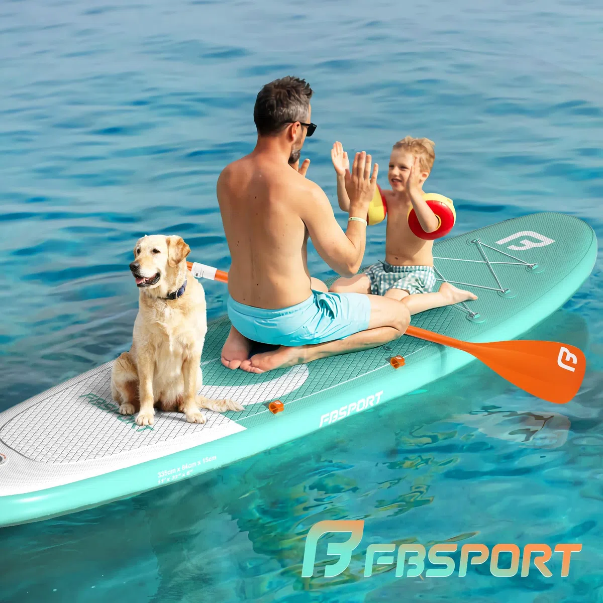 FBSPORT Stand up Paddling Board Surfbrett Surfboard SUP aufblasbar mit Pumpe 335x84x15 cm Tragetasche SUP Zubehör mit rutschfestem Deck, Leine, Paddel, passend für Jugendliche Erwachsene