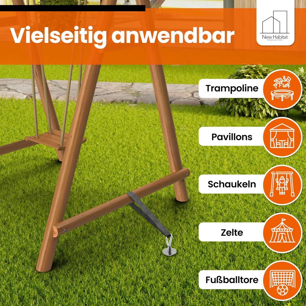 NewHabitat | 8X Erdanker Bodenanker aus Stahl inkl. Gurte | Erdanker Set für Trampolin, Zelt, Pavillion & Schaukel, 18-teiliges Set, 38cm