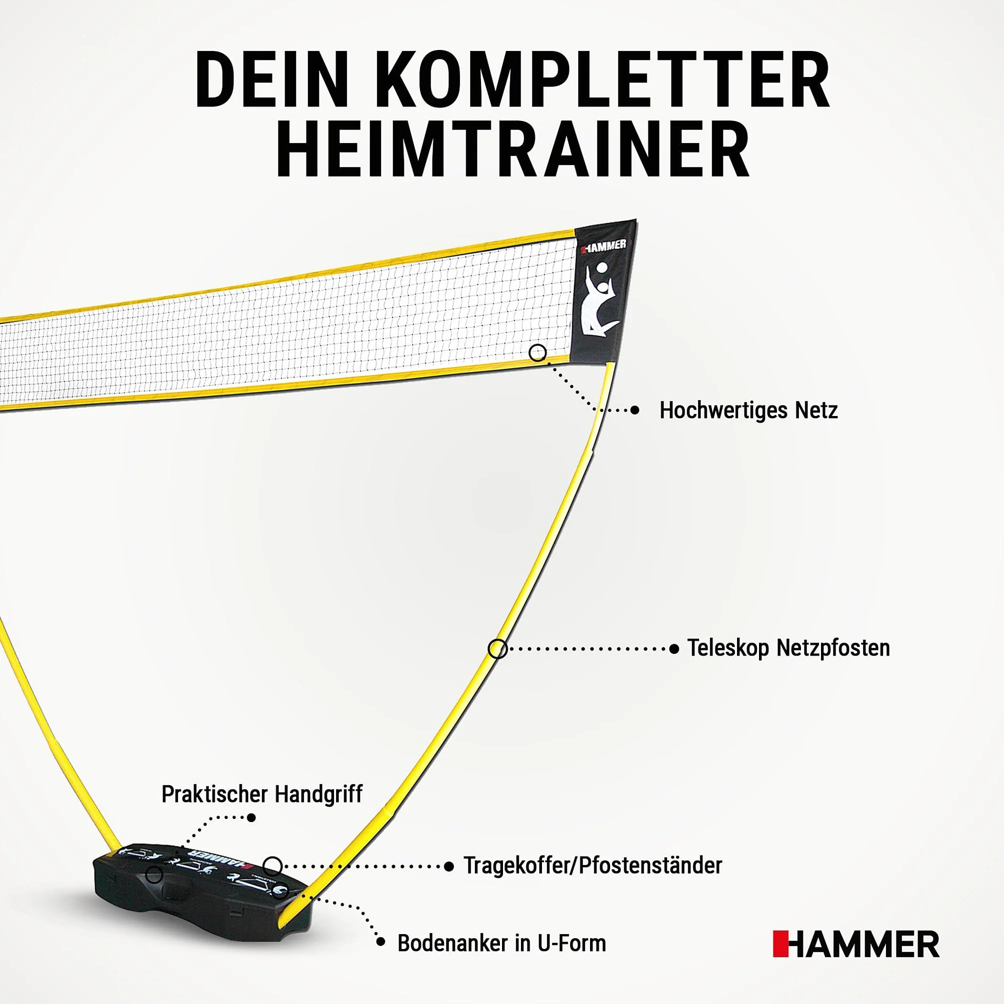 HAMMER 3 in 1 Netz Set für Volleyball, Badminton & Tennis, Spaß für jung und alt, mit Tragekoffer/Pfostenständer, leichter Aufbau, schnell verstaut und leicht transportiert