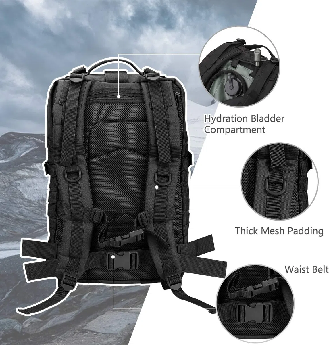 Hannibal Tactical Militär Taktischer Rucksack Cooper Rucksack Armee Assault Pack 3 Tage Bug Out Go Bag Trekking Wanderrucksack (40L,Schwarz-DE)