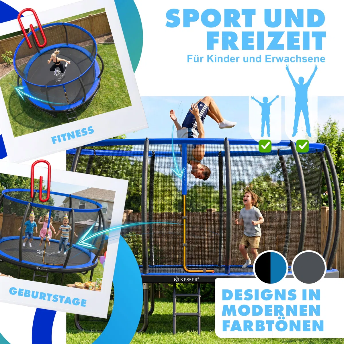 KESSER® Trampolin Outdoor Ø 244/305/366/427 cm, GS-Zertifikat, Gartentrampolin für Kinder & Erwachsene <150 kg mit Sicherheitsnetz, inklusive Tasche, Leiter, Randabdeckung & gepolsterten Netzstangen