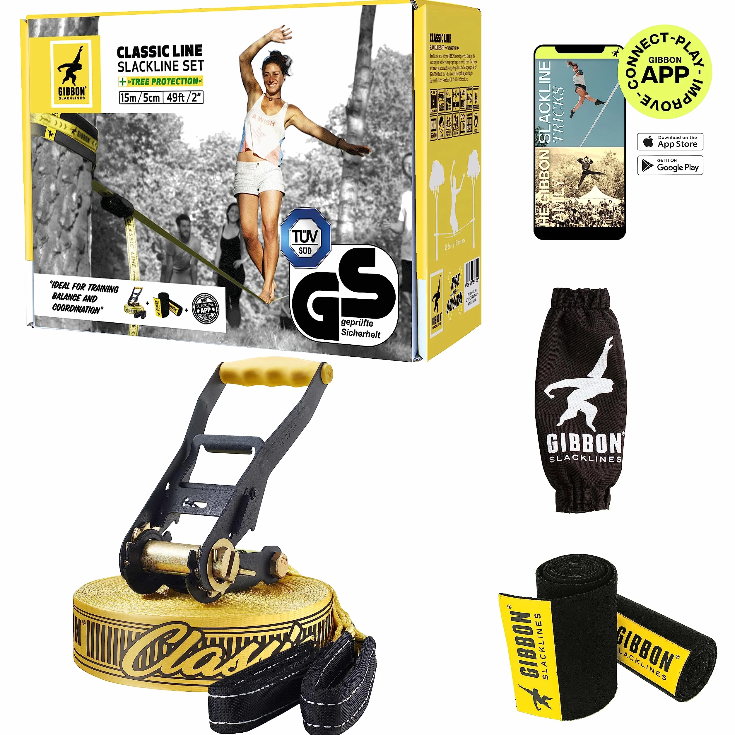 ClassicLine Komplett-Set inkl. Baumschutz | 15m & 25m | TÜV Geprüft | Balance und Spaß mit Trampolin-Effekt | Ergonomische Ratsche | Perfekt für Anfänger und Fortgeschrittene