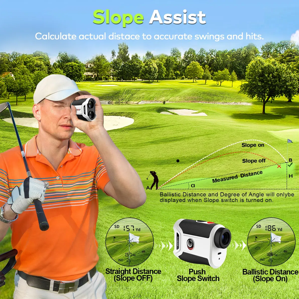 BOSEAN Golf Entfernungsmesser mit Steigungsschalter, Pin Schloss & Vibration, Magnetischer und Scanmodus mit 7X Vergrößerung und HD-Objektiv, 1200 Yards wiederaufladbarer Rangefinder Golf
