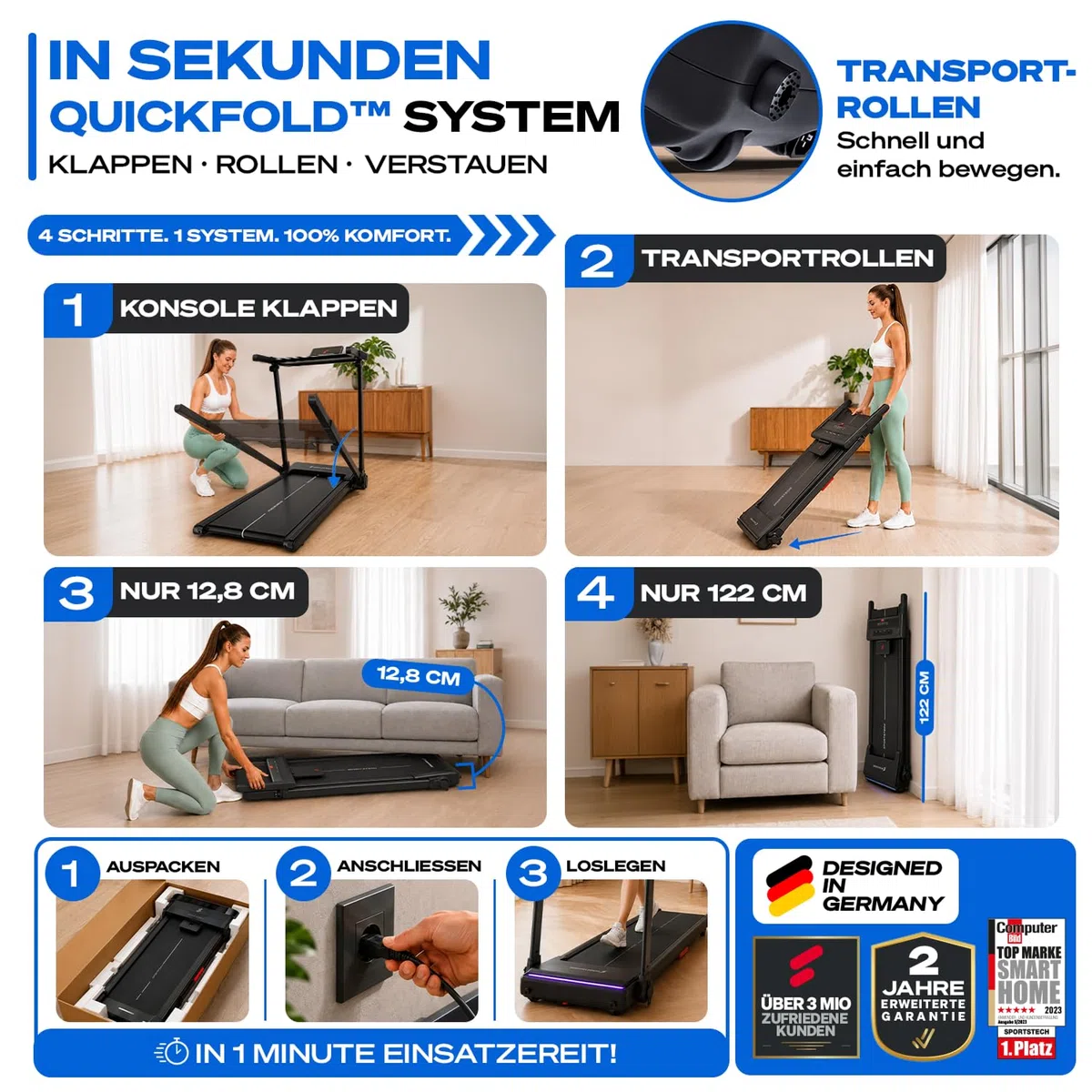 Sportstech sProRun Laufband für Zuhause klappbar, Laufband mit Steigung 9% | – 12 km/h, bis 120 kg, leise, LED Pulszonen, Premium App, Tablethalter für Home Workout, Designed in Germany