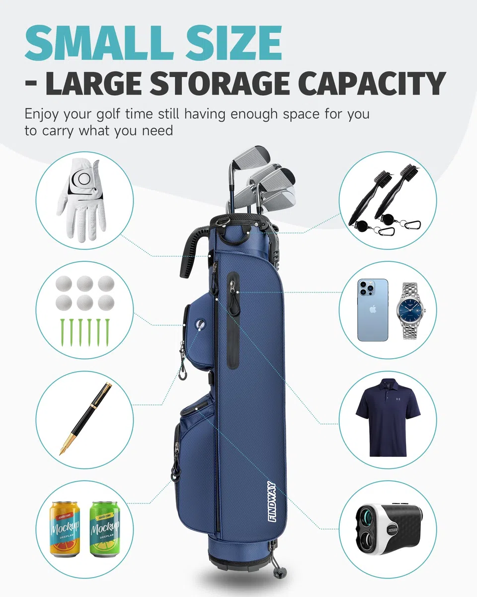 Findway Kleines Golfbag, Leichtes & Tragbares Golf Pencil Bag mit Standfuß, 3-Fach-Unterteilung, Verstellbarer Gepolsterter Trageriemen, 5 Taschen und Tragegriff, für Herren und Damen