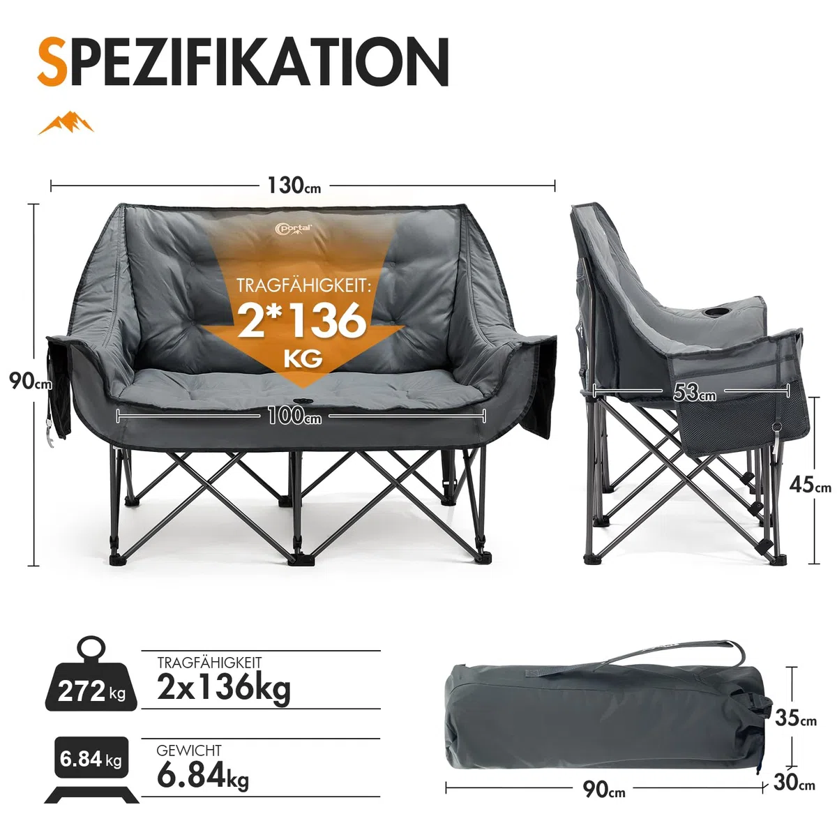 Portal Campingstuhl faltbar Campingsofa für 2 Personen 272kg belastbar Super Weich mit Lagerungstasche Doppel Klappstuhl Faltsofa Dick Gepolstert Hohe Rückenlehne für Outdoor Garten Balkon
