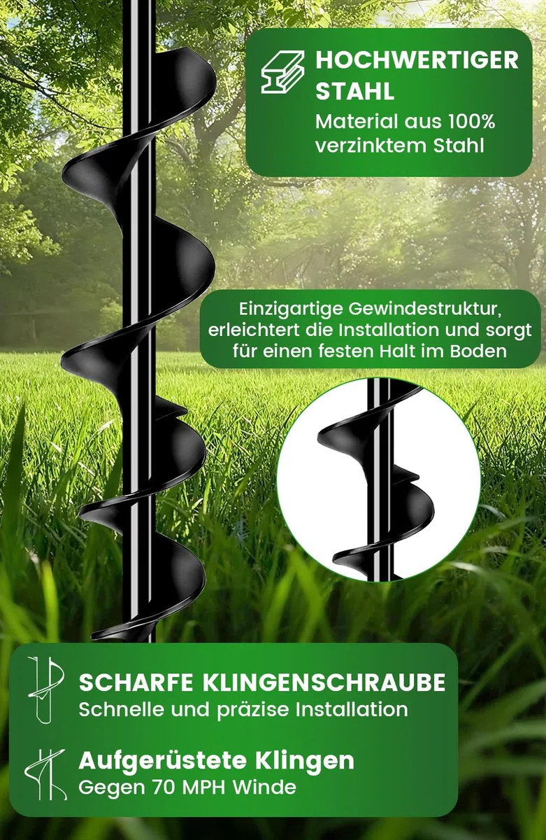 Erdanker Schwerlast 4 Pack (65cm)– Trampolin Erdanker für Garten, Schuppen & Schaukel, Spiral Bodenanker mit versteckter Öse, Rasenmäherfreundlich, Montage mit Bohrmaschine oder T-Griff, Sturmfest