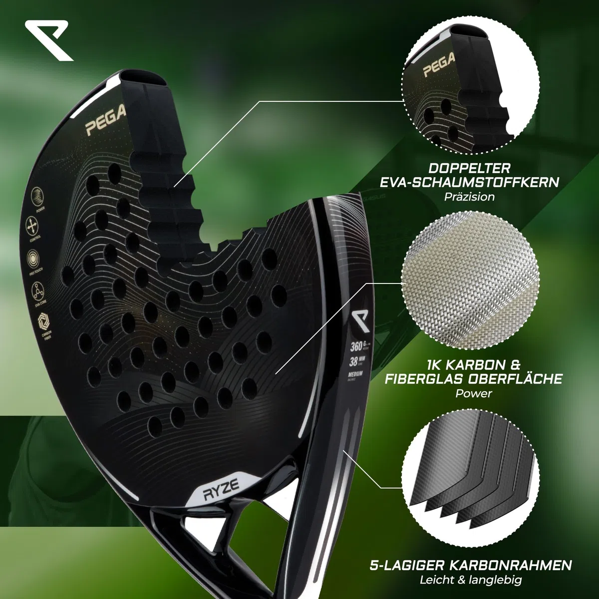 RYZE Pegasus Padel Schläger aus 100% Kohlefaser - Maximale Power & Kontrolle - 360g Leicht & Langlebig - Unisex Padelschläger für Männer & Frauen - Padel Racket Set Inkl. kostenloser Hülle