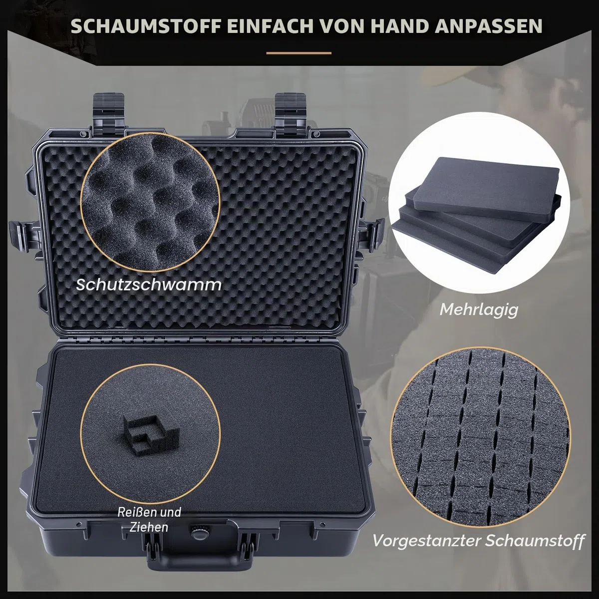 Lykus HC-5210 Großer Wasserdicht Koffer mit Schaumstoff, Innengröße 52x36x18,5 cm, geeignet für elektronische Ausrüstung und mehr