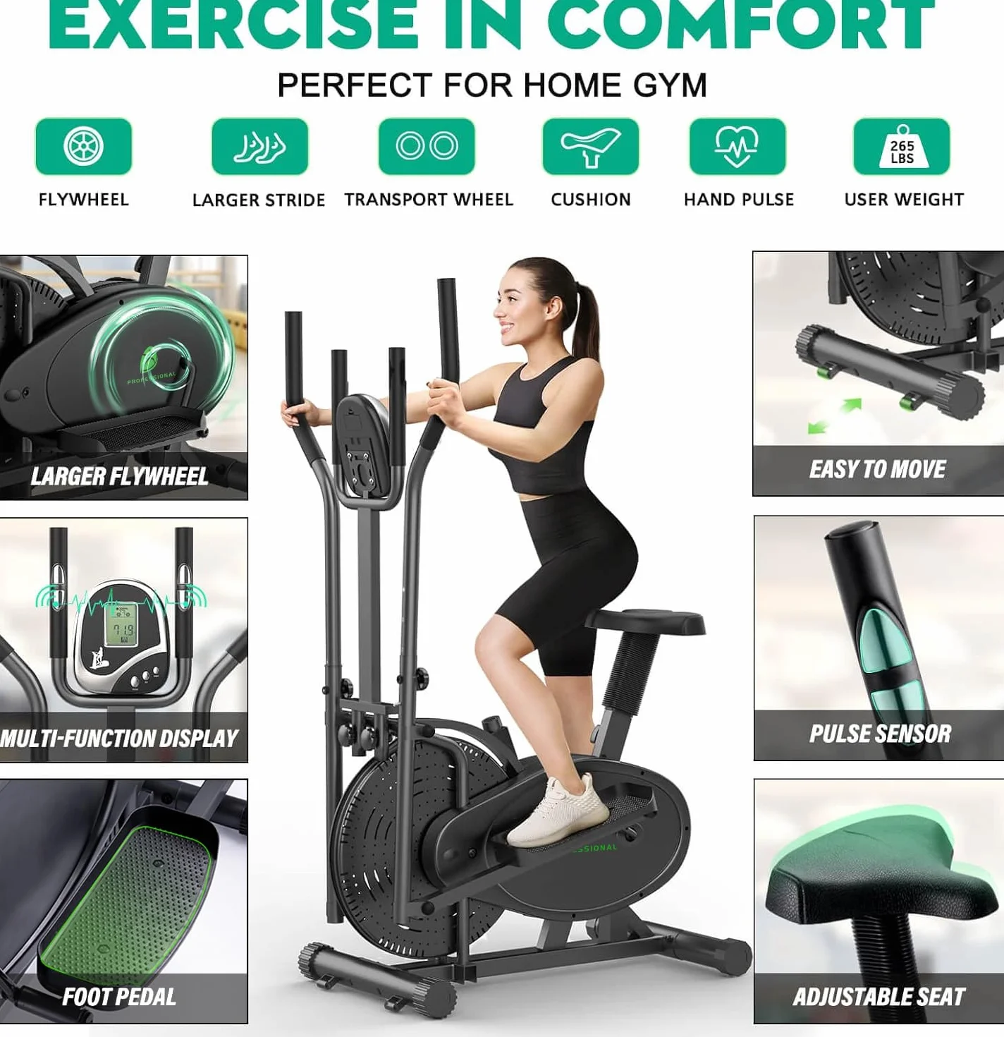 Cross Trainer für zu Hause Neezee Crosstrainer Pro 2-in-1 Ellipsentrainer mit magnetischem Widerstand, Sitz, intelligentem LCD-Display, einfacher Aufbewahrung, Transportrollen bis zu 120 kg