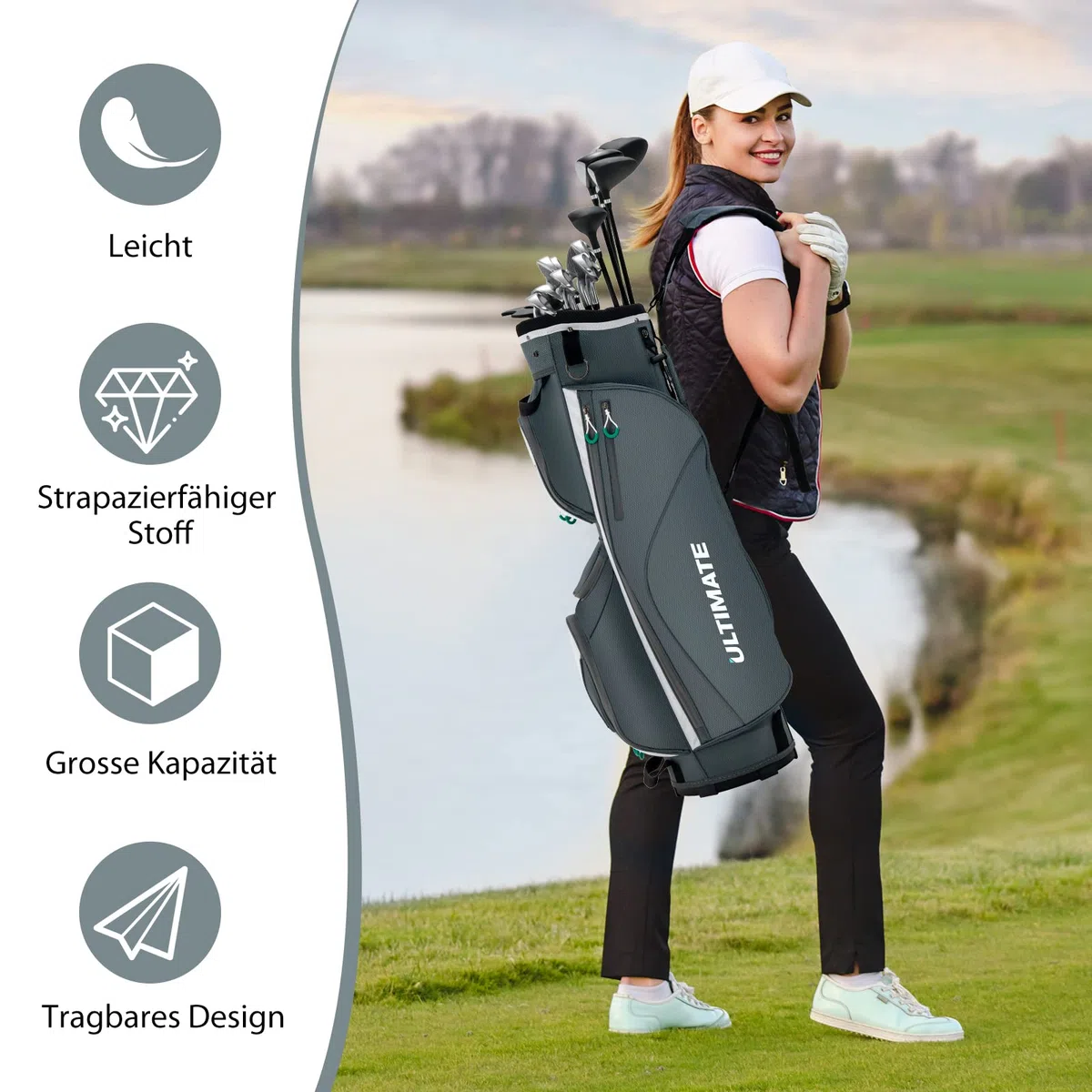 COSTWAY Golfbag, leichtes Golf Cart Bag, mit Regenhaube, 14er Einteilung von Schlägerfach, auch zur Nutzung auf Golf Trolley und Golf Cart, 7/8 Reißverschlusstaschen