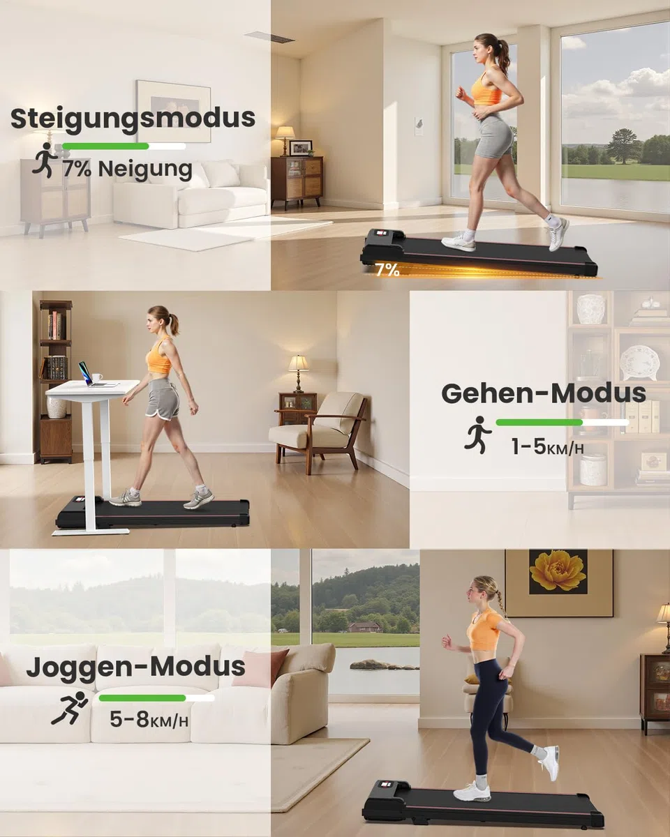 HomeFitnessCode Laufband mit Neigung für Zuhause - Walking Pad Laufpad mit Steigung Walkpad Untertisch Elektrisch 1-8 KMH Mini Walking Klein Band Gehband