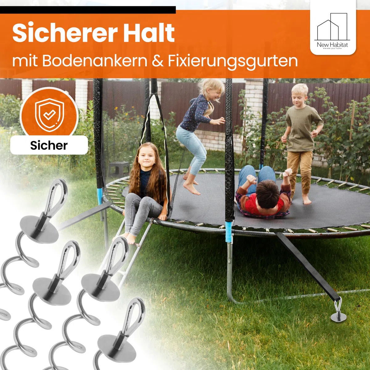 NewHabitat | 8X Erdanker Bodenanker aus Stahl inkl. Gurte | Erdanker Set für Trampolin, Zelt, Pavillion & Schaukel, 18-teiliges Set, 38cm