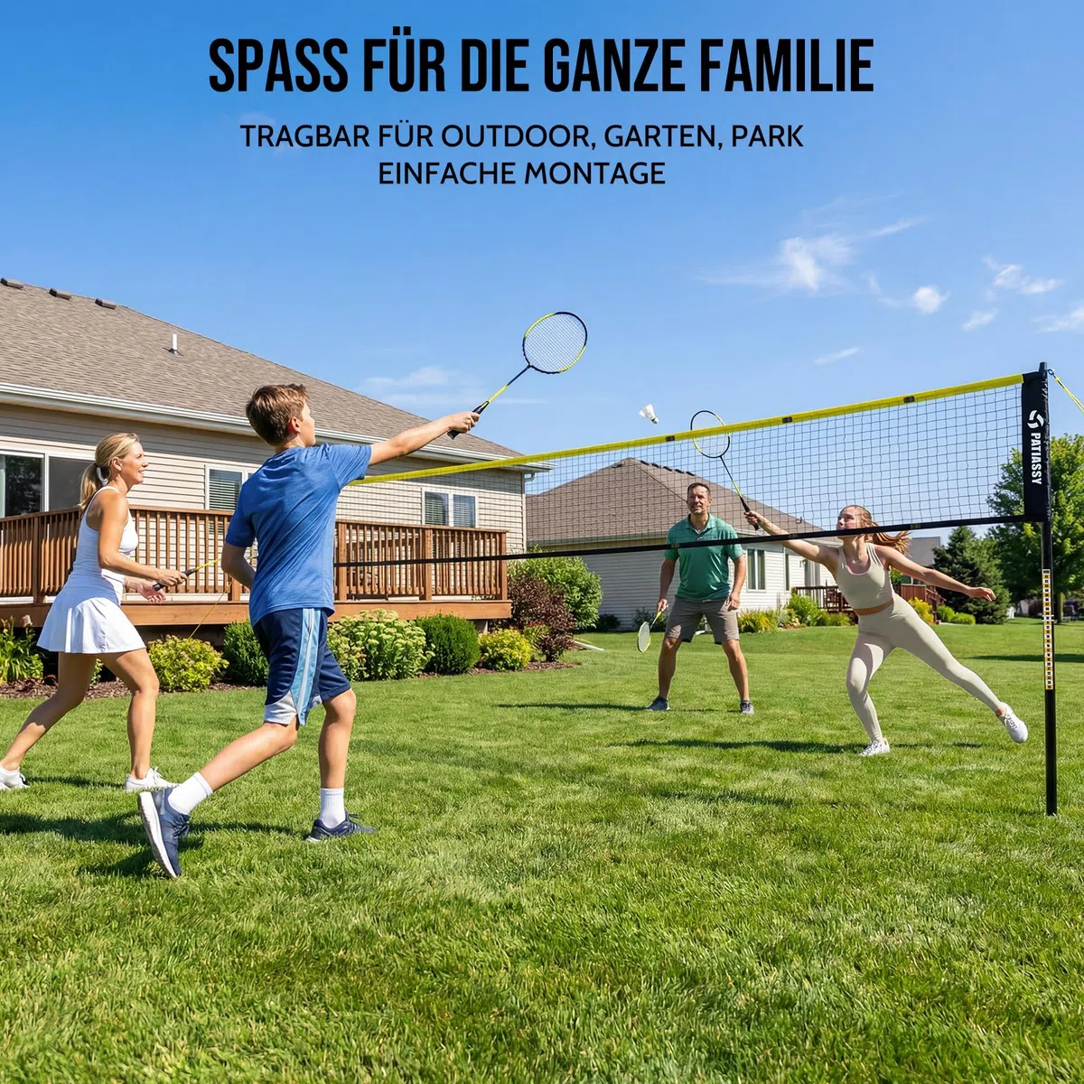 Tragbares Badmintonnetz, Federballnetz für Garten 4-Fach-Breitenverstellbar Sportnetz 6|5,1|4,2| 3 M mit 4 Badmintonschlägern 3 Federball Ständer und Tragetasche für Indoor & Outdoor Hinterhöfe Strand