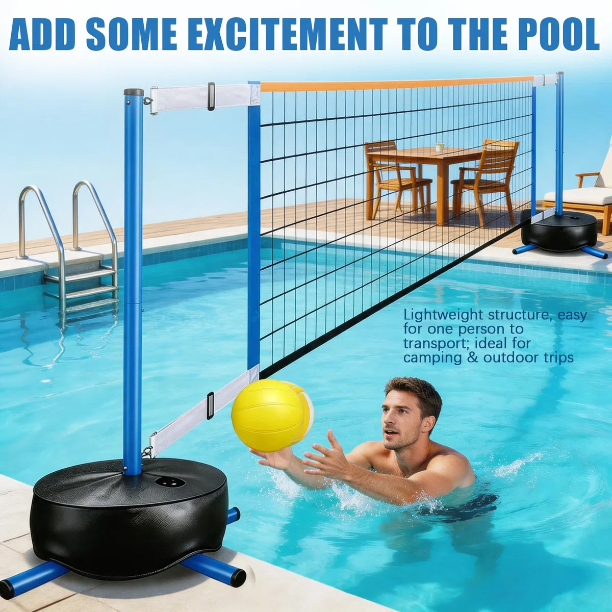 Pool Volleyball Set, Tragbarer Wasser Volleyballnetz für Erwachsene mit 20L Wasserbeutel und Luftpumpe für Sommer Poolspiele Verstellbar 4,5-7.6m（15-25FT）