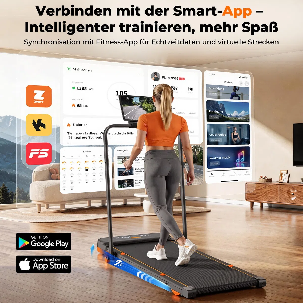 Laufband für Zuhause mit 5 Reha & 5 Vibrationsstufen, 6 in 1 Klappbares Walking Pad, 7% Steigung, 2,5 PS Motor (<40 dB), 1-10km/h Laufband Schreibtisch, Smart App, Fernbedienung, Schwarz