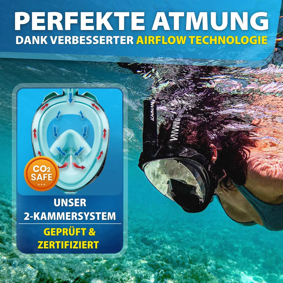 Die Preisgekrönte KAIMANA® Schnorchelmaske für Erwachsene & Kinder - absolut CO2 sicher - inkl. Tragetasche - Tauchermaske Erwachsene - Vollgesichtsmaske Tauchmaske