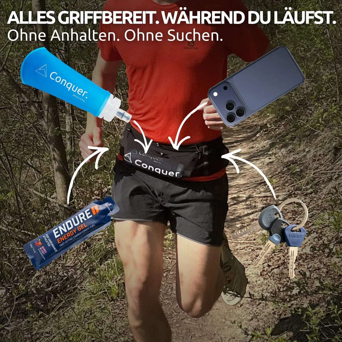 Conquer Laufgürtel Damen & Herren – Running Belt & Trinkgürtel Joggen mit Handy-Fach | Verstellbarer Laufgurt für Trinkflasche, ohne Schnalle – Kein Wackeln, kein Reinzwängen