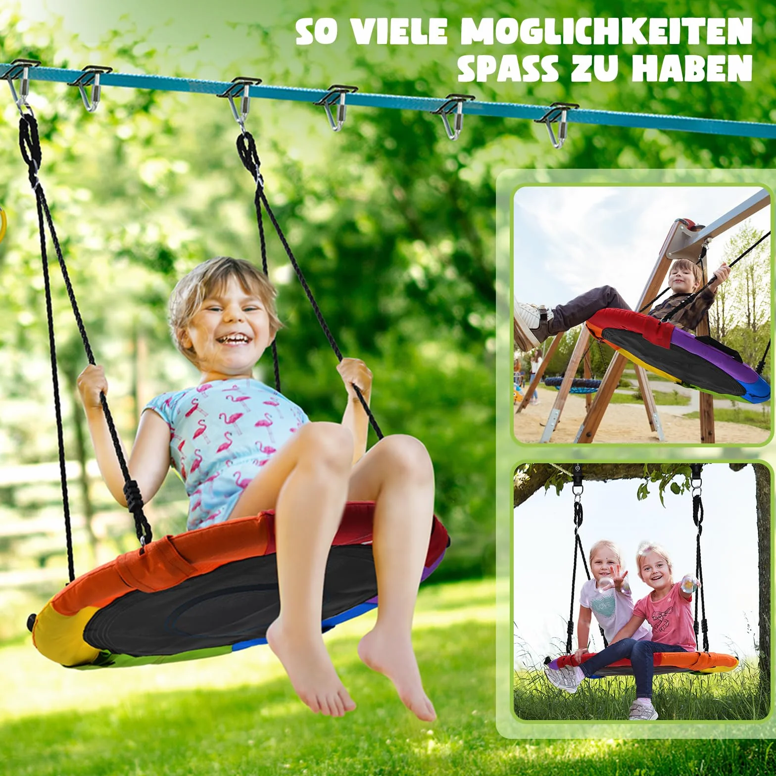Hapfan 15M Ninja Slackline Kinder Nestschaukel Outdoor Set mit Seilrolle, Ninja Warrior Parcours Kinder mit 10 Hindernissen, Klettergerüst, Kletternetz, Kletterleiter Gym Ring Baumschutz (Bunt)