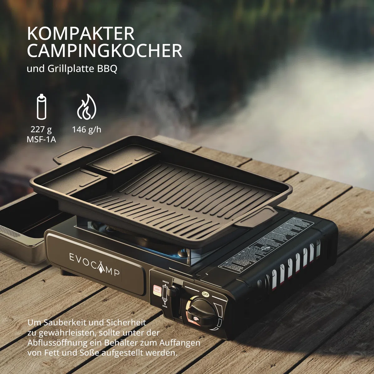 Gaskocher 1-flammig und Grillplatte BBQ eckig 38 cm, Campingkocher für Gaskartuschen MSF-1a 227g, Camping Herd mit Tragekoffer - Ideal für Outdoor-Aktivitäten wie Camping oder Wandern
