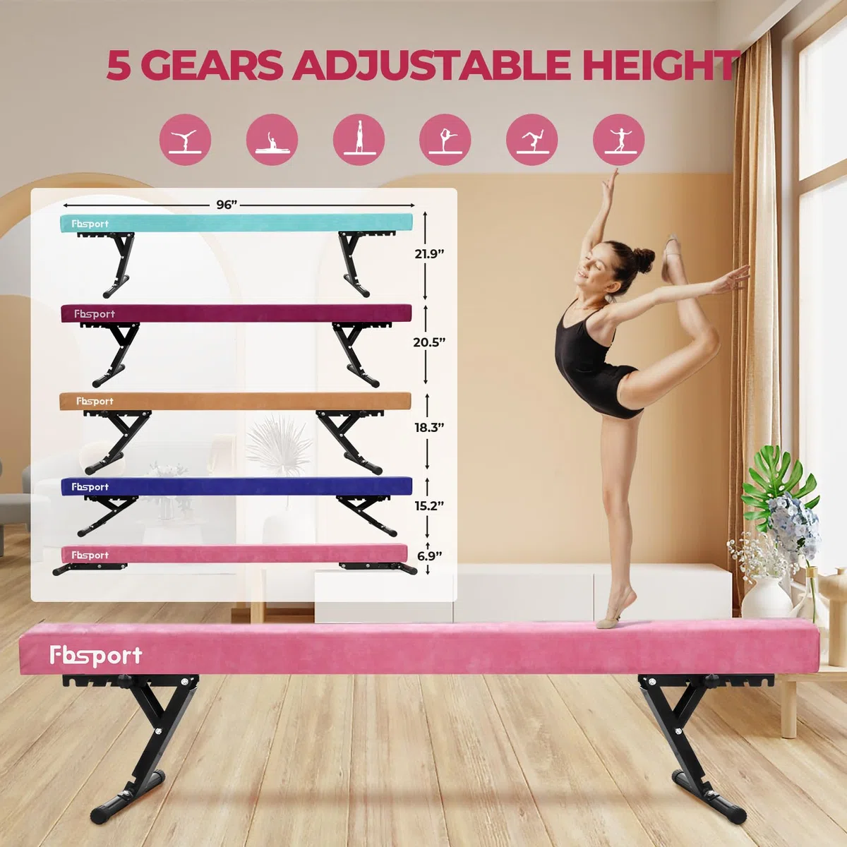 FBSPORT schwebebalken Kinder schwebebalken für zuhause schwebebalken höhenverstellbar Gymnastik Balance Beam 244CM, 5 Höhen Einstellbare High und Low Level Stabile Floor Beam Gym Trainingsgeräte
