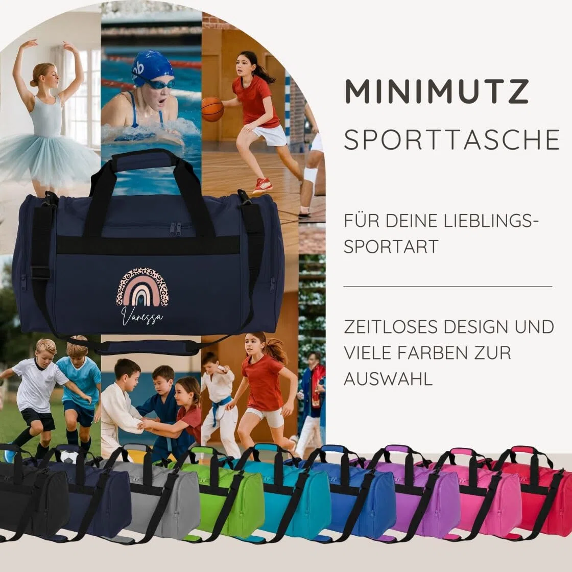 minimutz Kindersporttasche personalisiert Regenbogen, Reisetasche Mädchen groß, Sporttasche Rainbow Leo-Print Kinder mit Name 26L (dunkelblau)