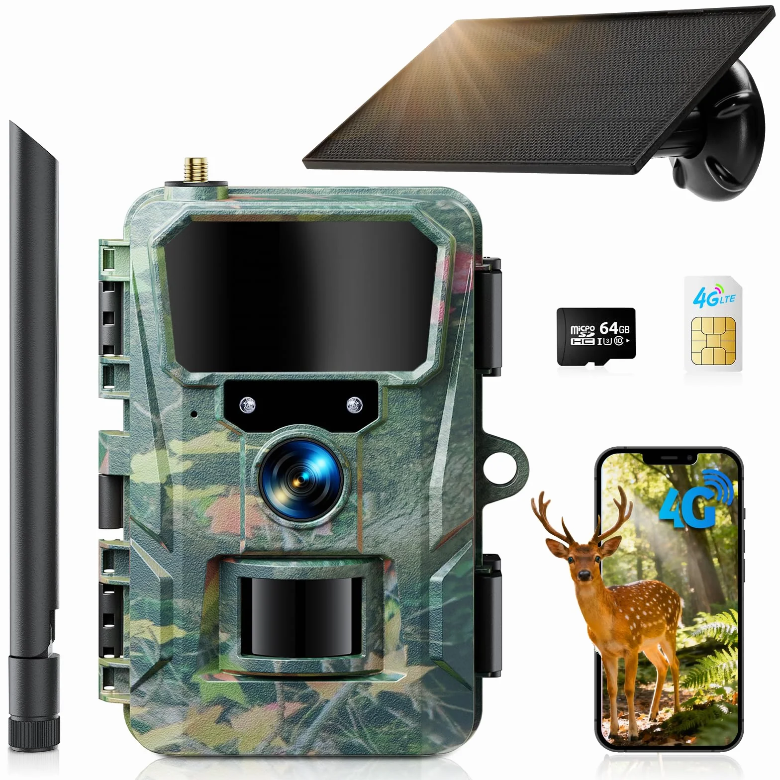 WOLFANG 4G/LTE Wildkamera Solar, 2K 48MP Live Übertragung Wildkamera mit Handyübertragung App, 5200H mAh Akku, Wildtierkamera mit Nachtsicht Bewegungsmelder mit 64G Speicherkarte IP66 Wasserdicht