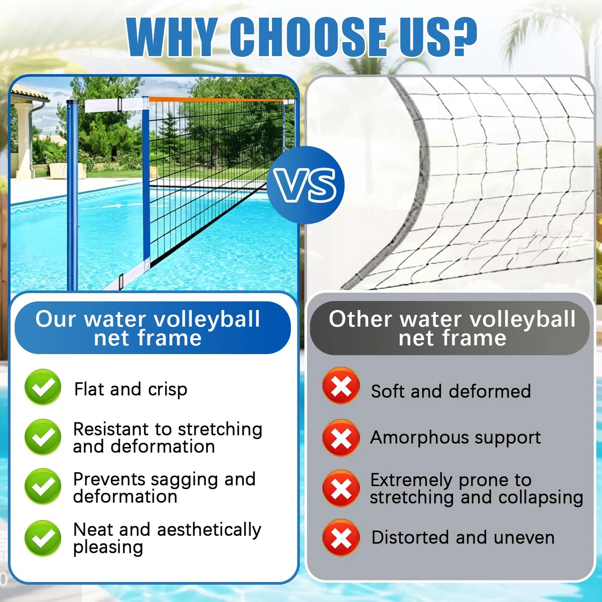 Pool Volleyball Set, Tragbarer Wasser Volleyballnetz für Erwachsene mit 20L Wasserbeutel und Luftpumpe für Sommer Poolspiele Verstellbar 4,5-7.6m（15-25FT）