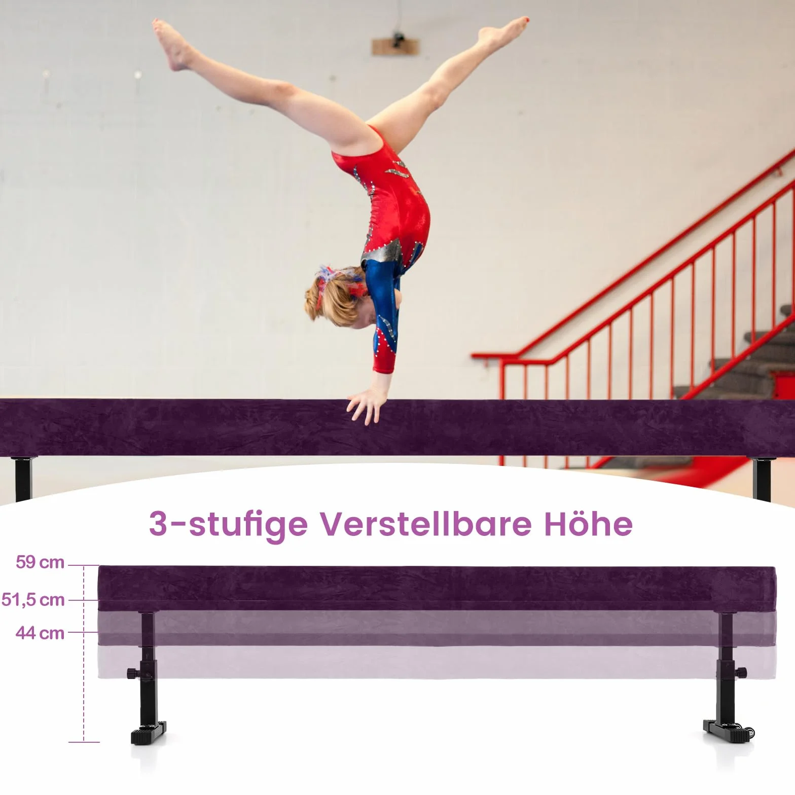 COSTWAY 226 cm Schwebebalken mit 3 Höhen verstellbar, Gymnastikbalken, Heimtrainingsgerät mit robusten Metallbeinen & Rädern, Balancierbalken für Anfänger und Profis (Lila)