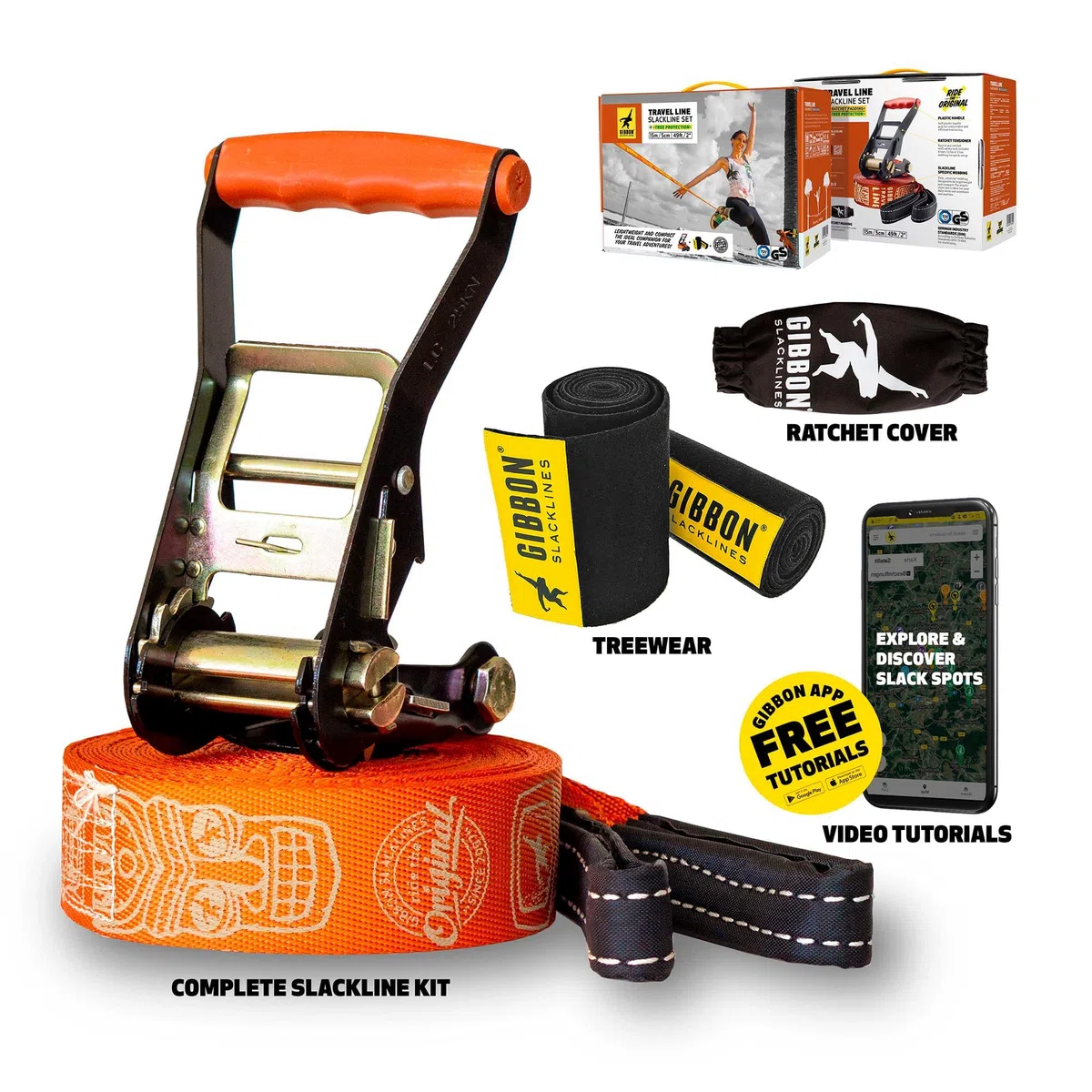 Gibbon Slacklines Travel Line | Leichtes, Kompaktes 15m Slackline-Set für Anfänger & Fortgeschrittene | TÜV-geprüft | inkl. Ratschenschutz & TreeWear | Ideal für Reisen & Urlaub