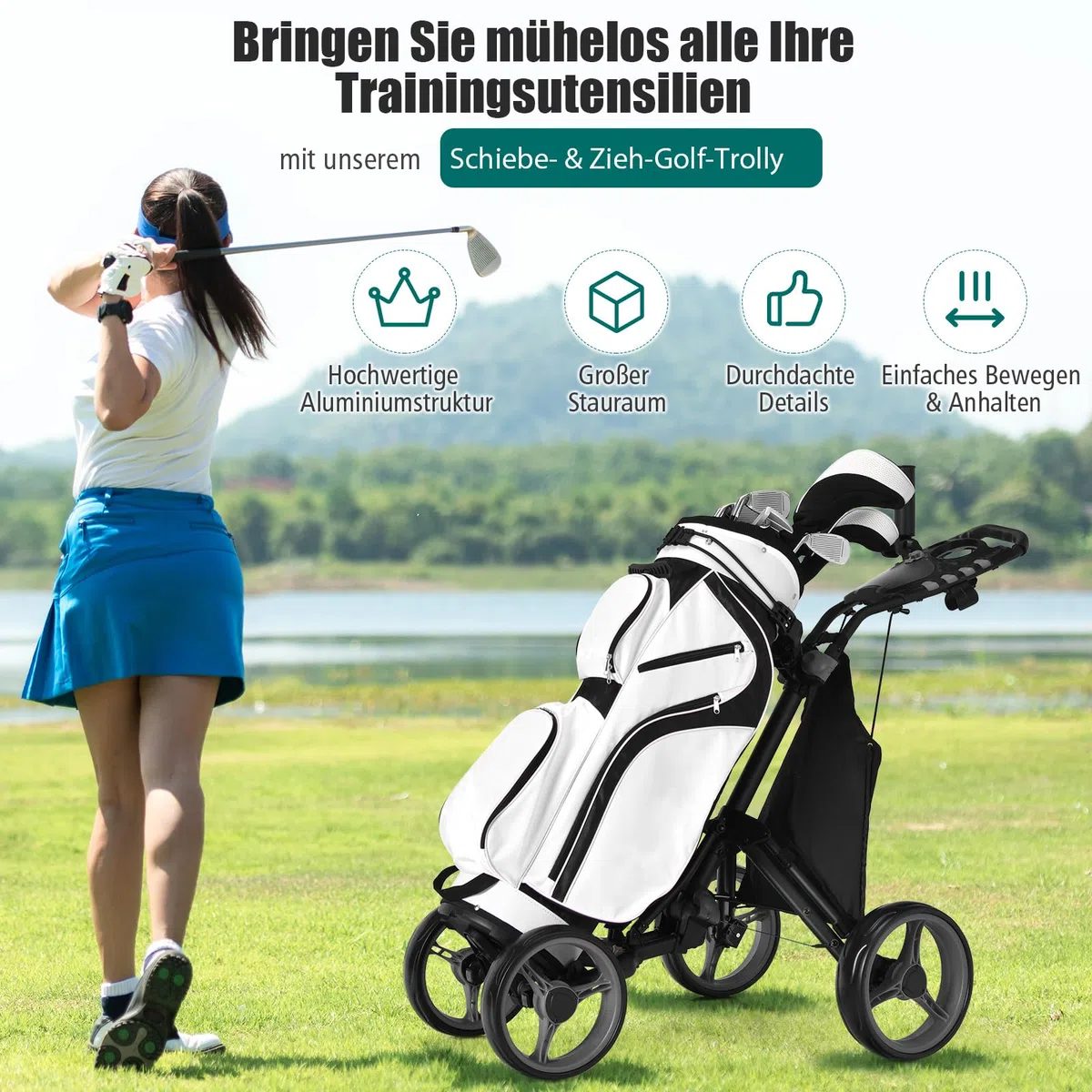 COSTWAY Golf Trolley, 4 Rad Golftrolley, Golfwagen klappbar, Golfcaddy aus Aluminum, Golfcaddy mit Schirmhalter, T-Stückhalterung und Aufbewahrungstasche (Grau)