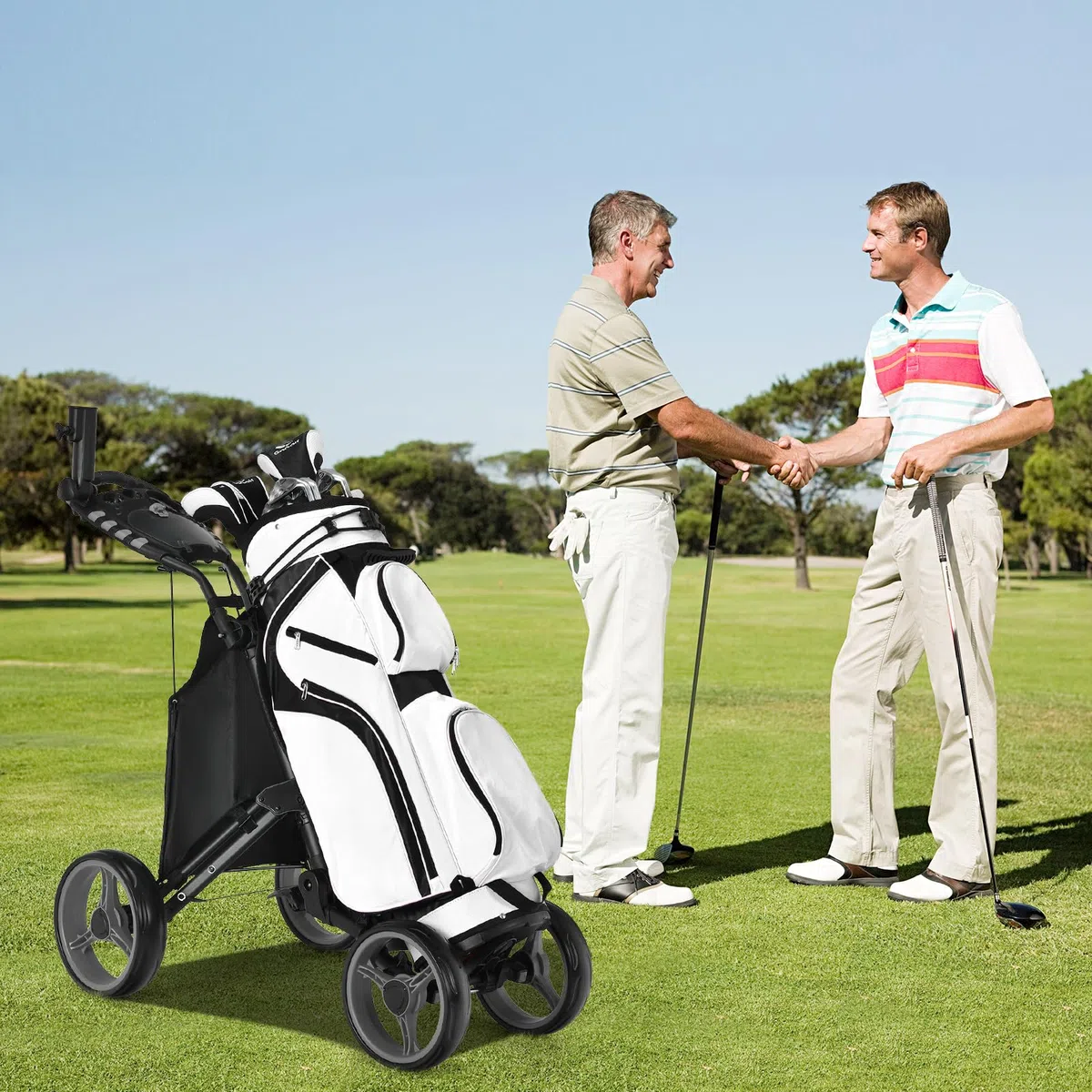 COSTWAY Golf Trolley, 4 Rad Golftrolley, Golfwagen klappbar, Golfcaddy aus Aluminum, Golfcaddy mit Schirmhalter, T-Stückhalterung und Aufbewahrungstasche (Grau)