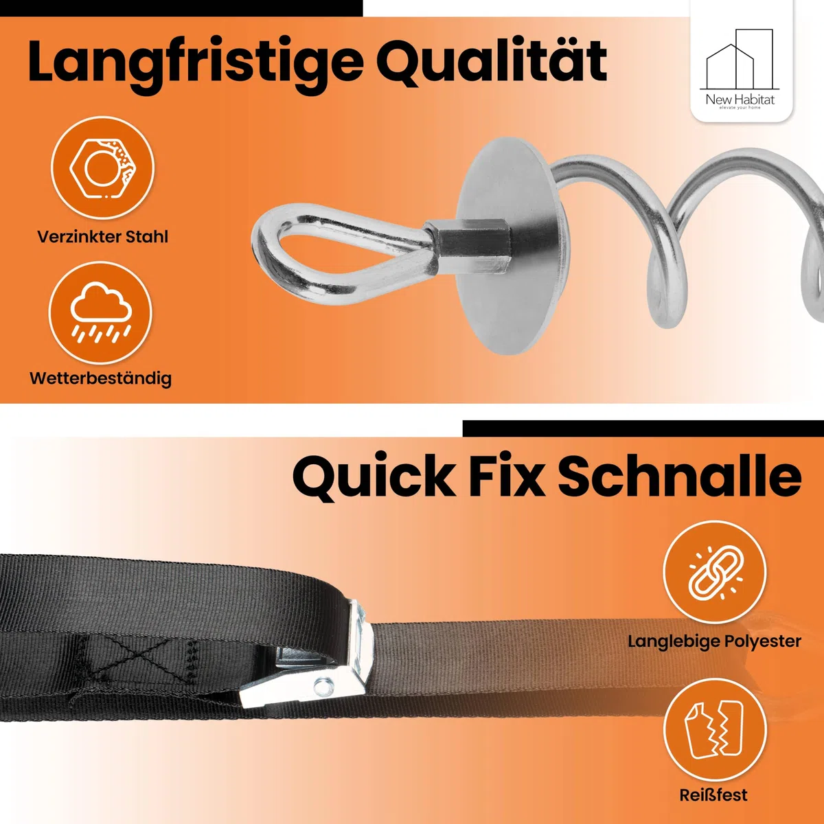 NewHabitat | 8X Erdanker Bodenanker aus Stahl inkl. Gurte | Erdanker Set für Trampolin, Zelt, Pavillion & Schaukel, 18-teiliges Set, 38cm