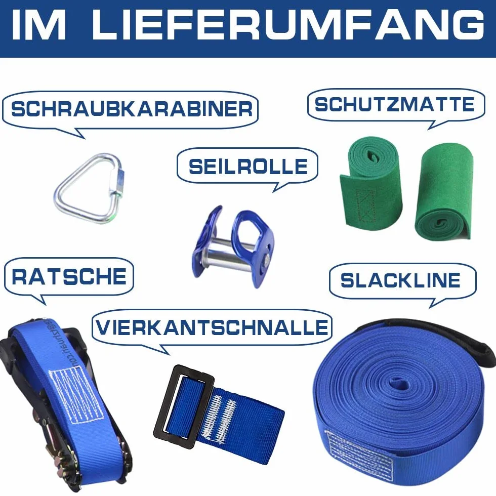 Slackline-Set mit Seilrolle + Baum Schutz, 15m Slackline, Pully-Zubehör für Hindernisparcours