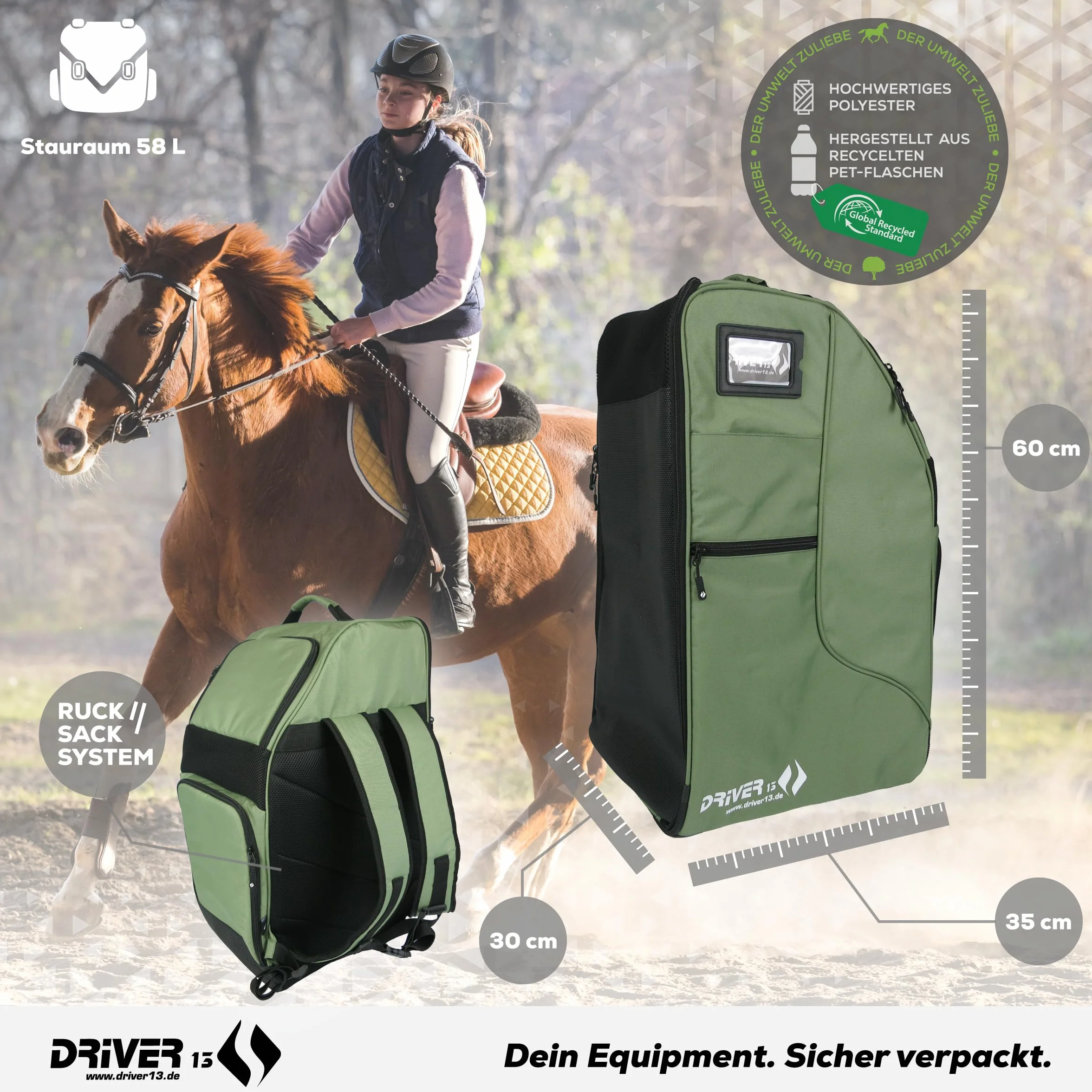 Driver13 Reitstiefelrucksack Deluxe mit Helmfach, Reitstiefeltasche und Stiefeletten Tasche, für Reitstiefel und Zubehör, Farbvarianten