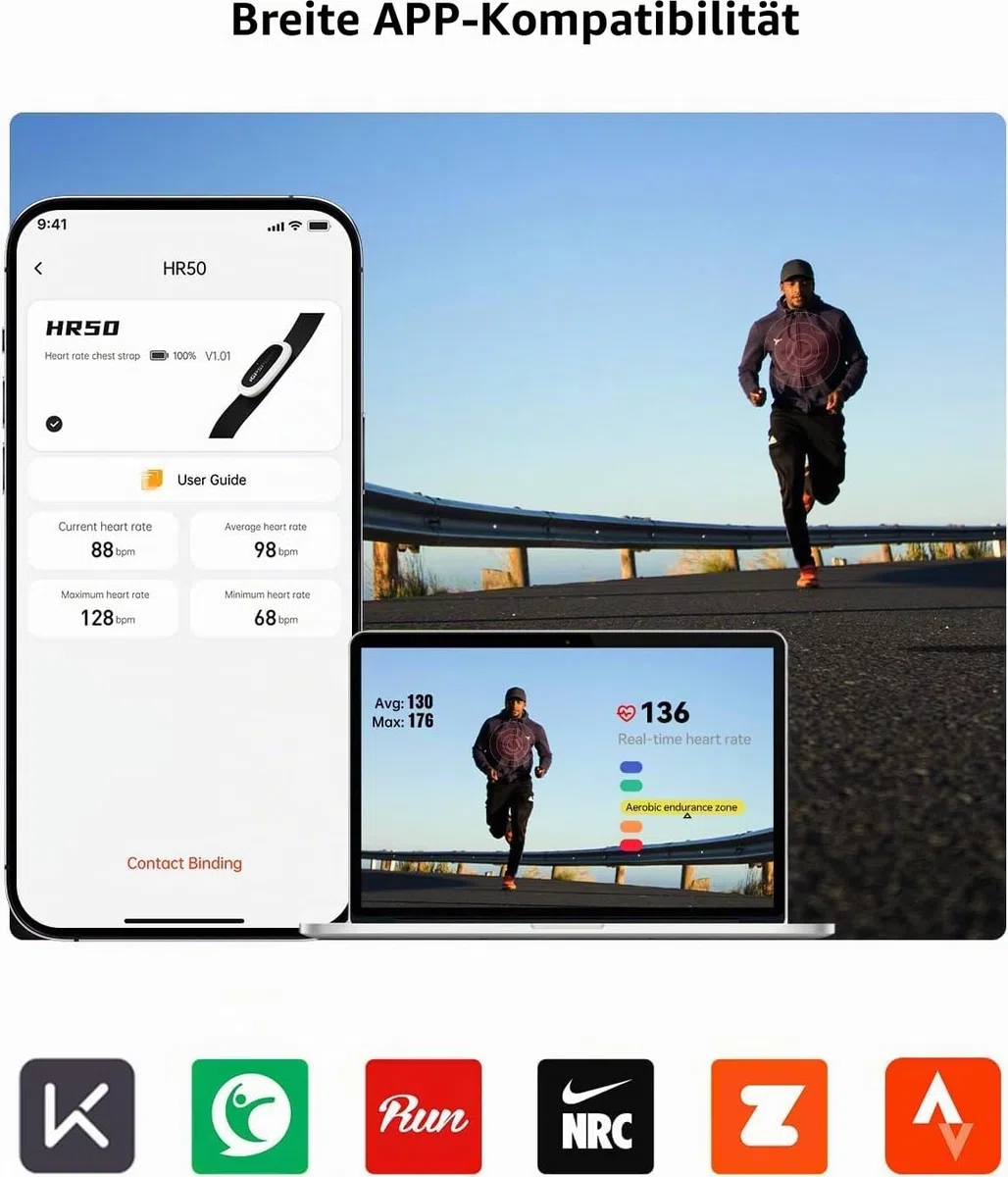 iGPSPORT HR50 Herzfrequenzmesser, Bluetooth & Ant+ mit Brustgurt für Laufen, Radfahren, Fitnessstudio, kompatibel mit Garmin Polar Wahoo - Schwarz