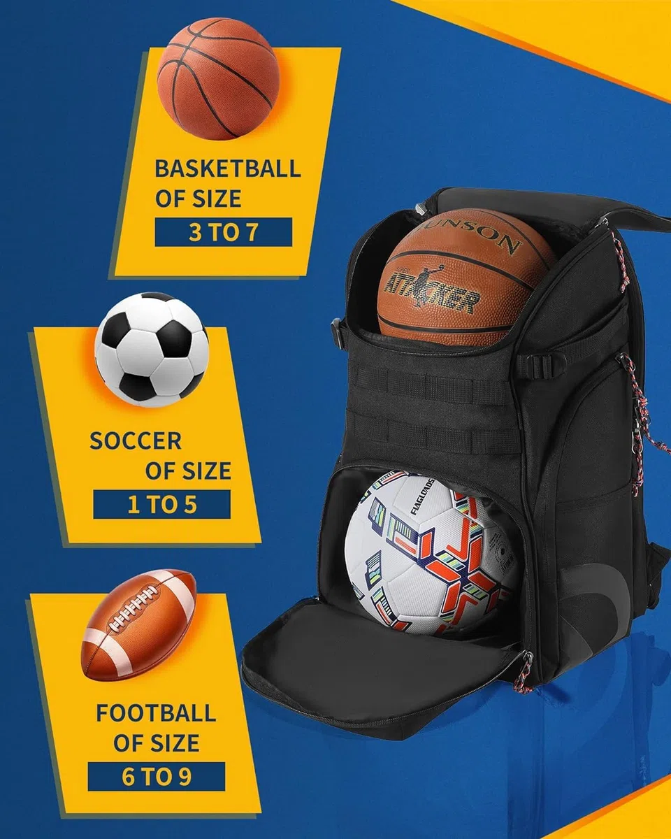Großer Basketball-Rucksack für Männer, Frauen & Kinder - 35L Fassungsvermögen mit Ballfach & Schuhbeutel - Geeignet für Fußball, Volleyball, Football & Mehr