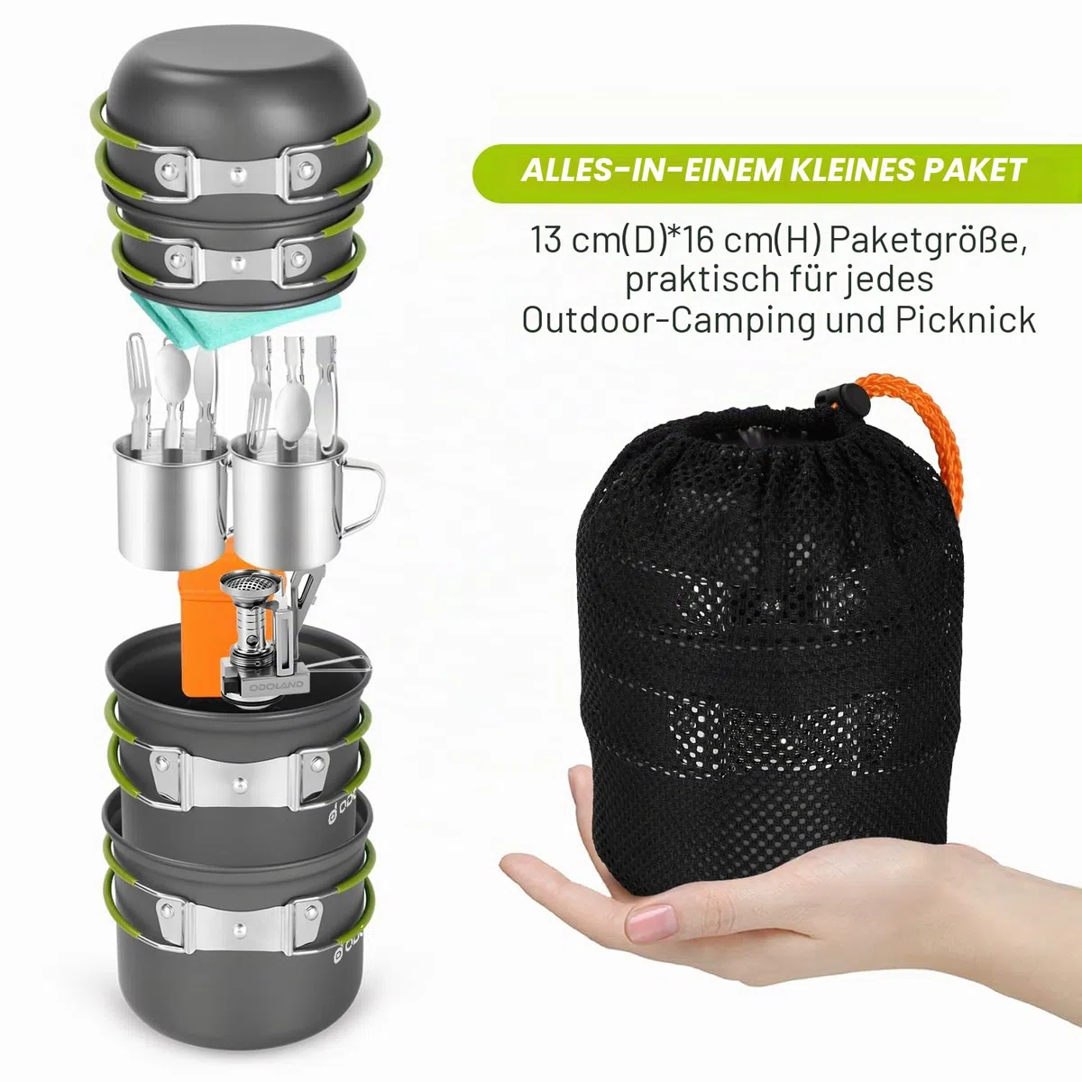 Odoland Camping Geschirr Set 16 PCS für 2 Personen Outdoor Kochgeschirr aus Aluminium und Edelstahl Camping Töpfe Becher Faltbare Besteck Mini Campingkocher für Outdoor Geschirr Picknick Wandern
