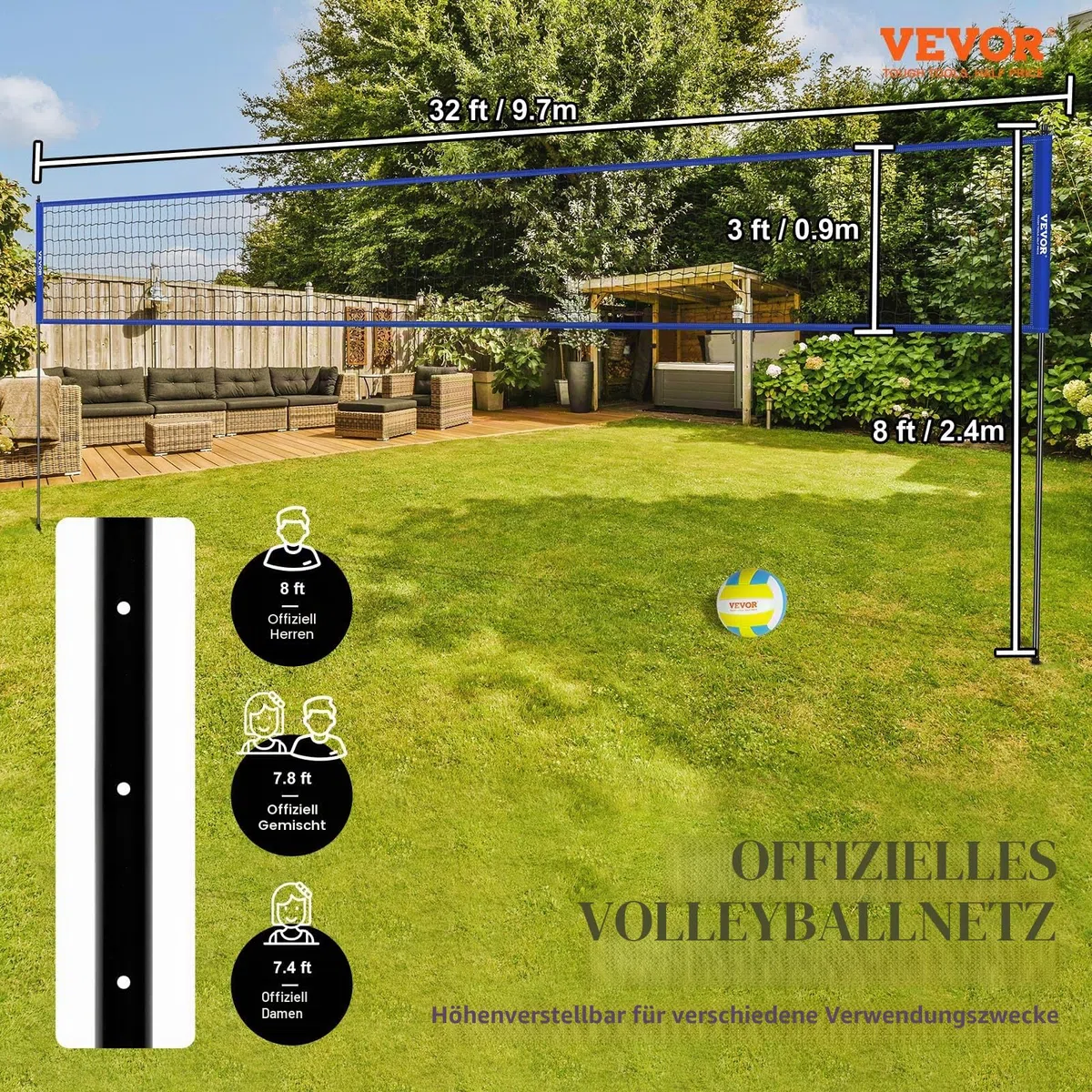 VEVOR Höhenverstellbares Volleyballnetz Set, 9,7 x 2,4 m Tragbarer Beachvolleyball-Netz, Blau Faltbar Mit Volleyball & Tragetasche, Für Garten, Strand