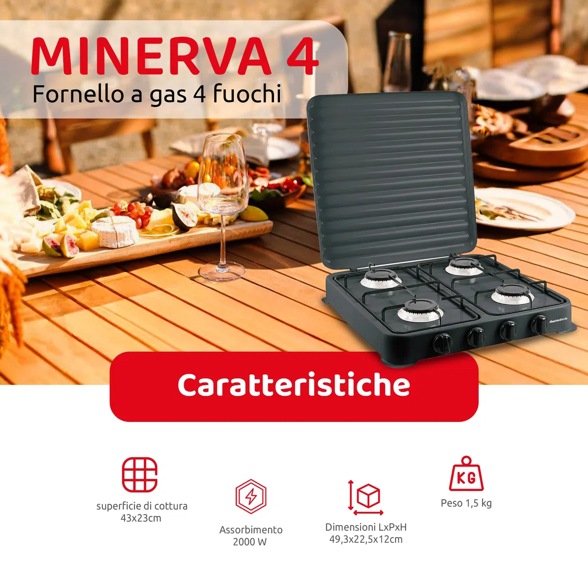 Melchioni Family Gaskocher Modell Minerva New mit vier Brennern, schwarz, für den Außenbereich, mit abnehmbarem Grill und Brenner und Deckel