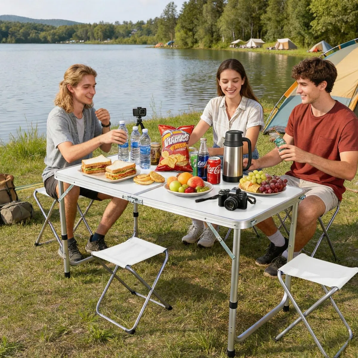 Relaxdays Campingtisch, 4 Sitzhocker, klappbar, höhenverstellbar, mit Tragegriff, Aluminium, MDF, Klapptisch, weiß