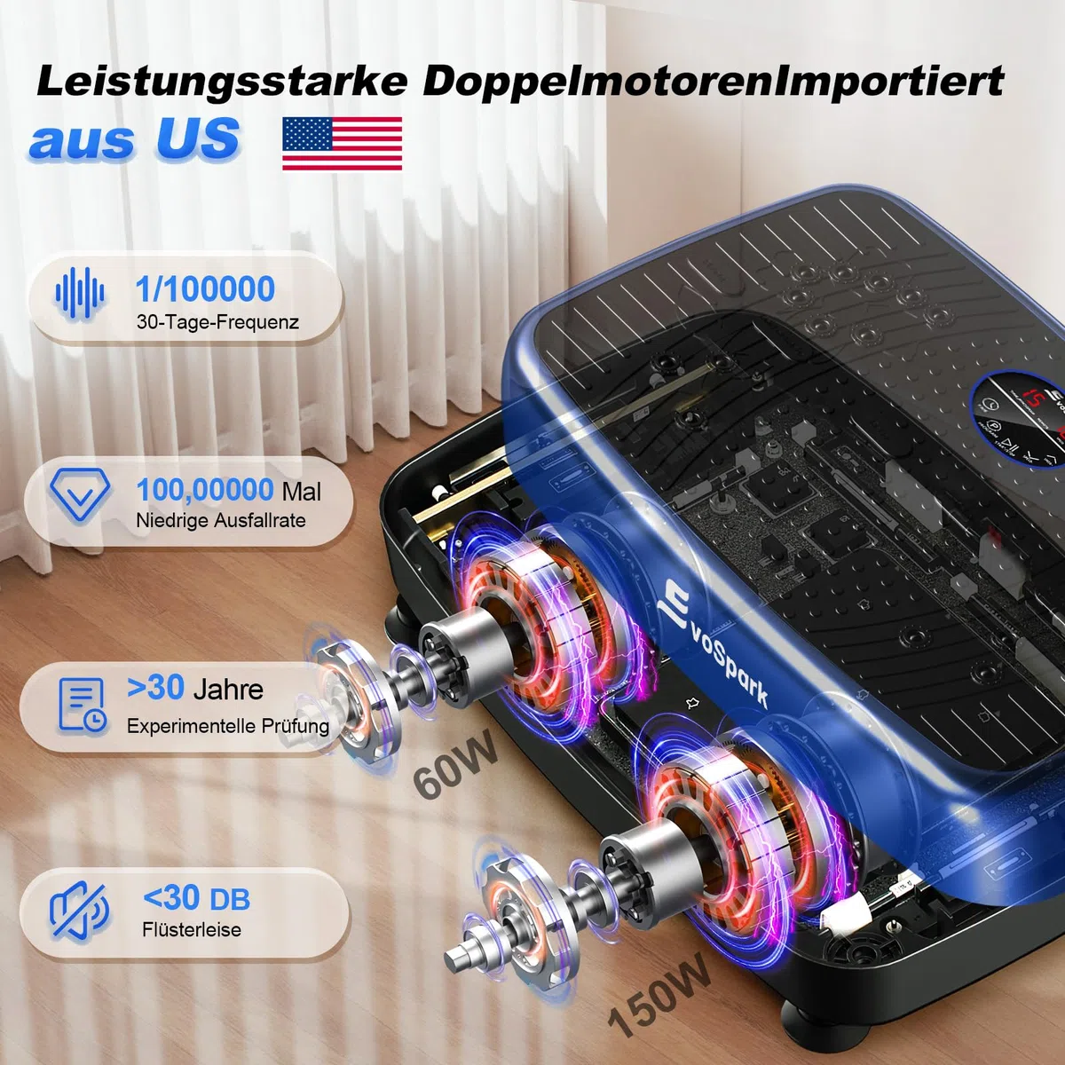Vibrationsplatte, EvoSpark Vibrationsplatte Testsieger 2025 Verbesserte mit Doppelmotoren für Abnehmen, Ganzkörpertraining - Massagegerät, 450 LBS Power Plate Vibrationsboard für Home Workout