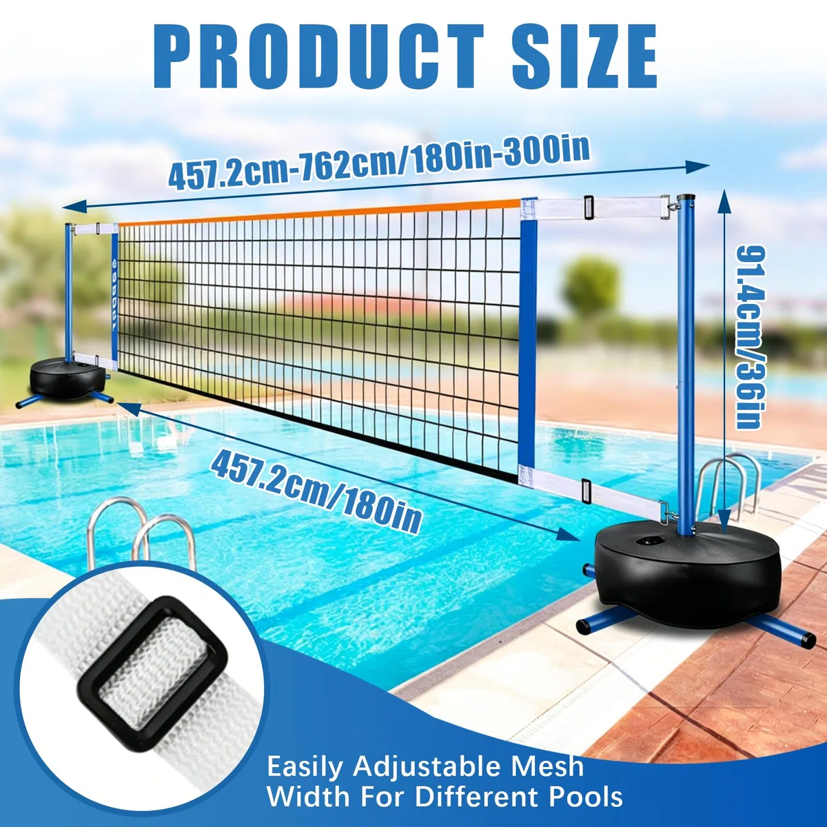 Pool Volleyball Set, Tragbarer Wasser Volleyballnetz für Erwachsene mit 20L Wasserbeutel und Luftpumpe für Sommer Poolspiele Verstellbar 4,5-7.6m（15-25FT）