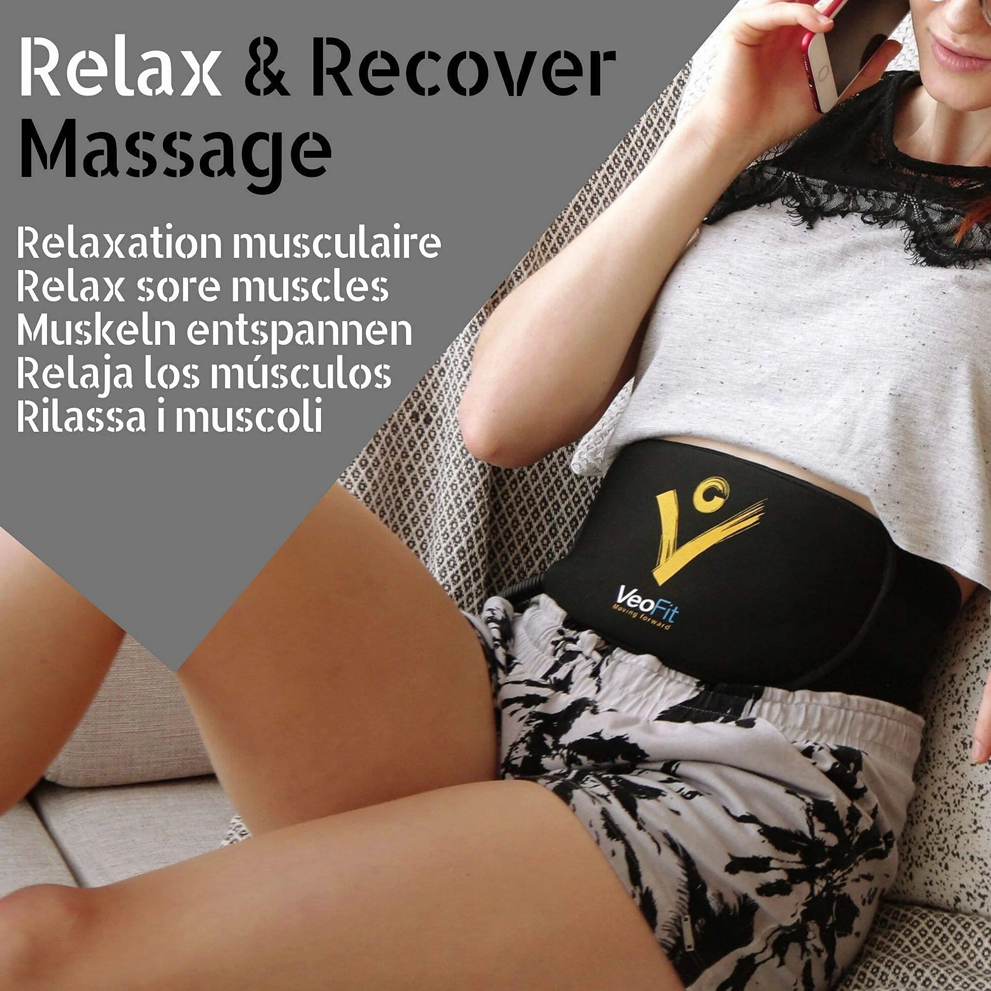VEOFIT Bauchmuskeln Gürtel EMS Bauchtrainer zum Abnehmen festigt, stärkt und strafft der Bauch, Rücken, Arme, Oberschenkel, Waden- mit Fitness und Ernährungshandbuch und Transport Tasche