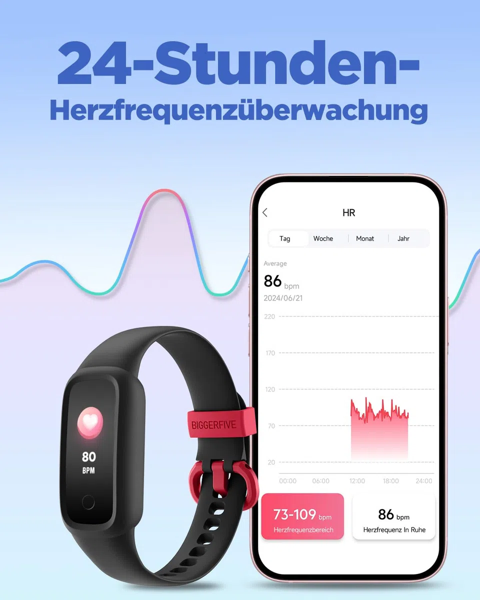 BIGGERFIVE Vigor 2 L Fitness Tracker Uhr Kinder, Fitnessuhr mit Aktivitätstracker, Schrittzähler, Pulsuhr, Schlafmonitor, Kalorienzähler, IP68 Wasserdicht Kinderuhr für Junge Mädchen, Schwarz