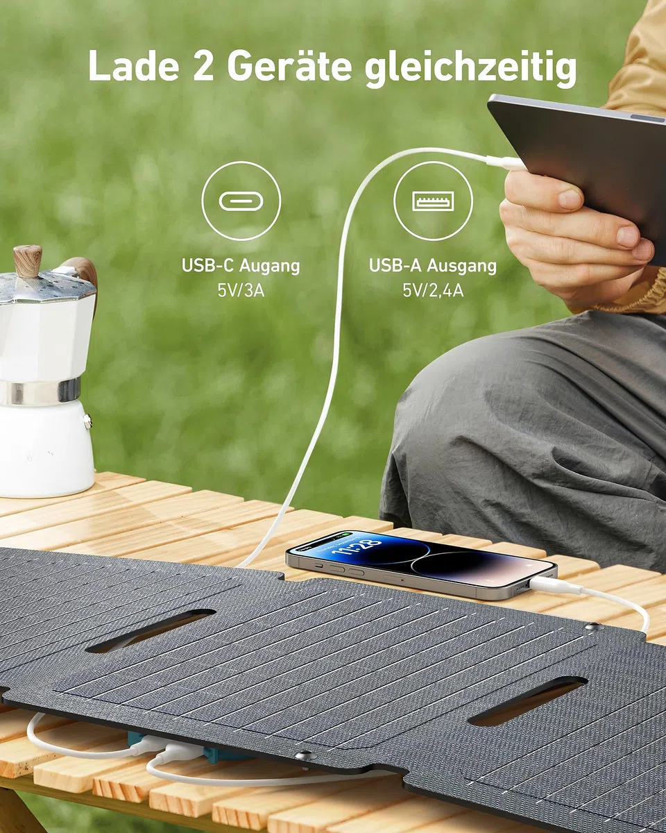 Anker SOLIX PS30 Faltbares Solarpanel 30W, tragbares Outdoor Solarladegerät, IP65 Wasserdicht, Schnellladen für 2 Geräte gleichzeitig, für Camping, Wandern, Outdoor.
