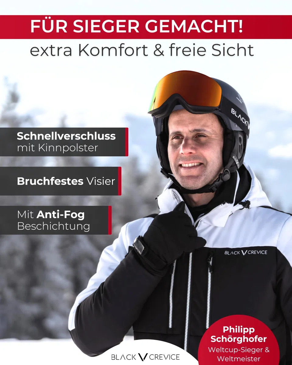 BLACK CREVICE Skihelm Gstaad Mit Visier im Pilotenstyle für Herren & Damen | Aus Polycarbonat | Atmungsaktiv | Größenverstellbar