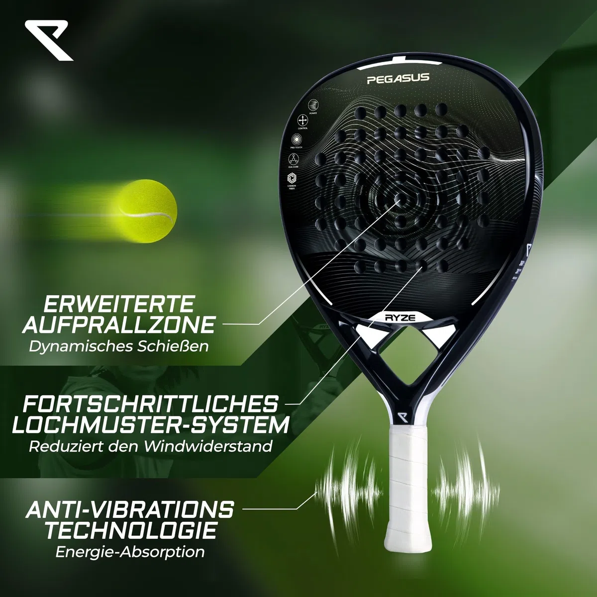 RYZE Pegasus Padel Schläger aus 100% Kohlefaser - Maximale Power & Kontrolle - 360g Leicht & Langlebig - Unisex Padelschläger für Männer & Frauen - Padel Racket Set Inkl. kostenloser Hülle