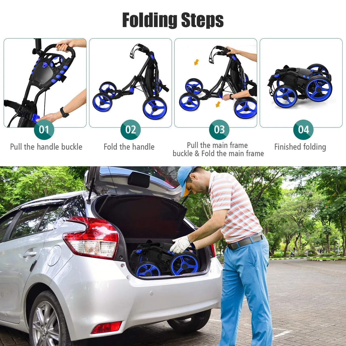 LIFEZEAL Golftrolley mit 4 Rädern, Golf Push Cart mit Fußbremse, Golfcaddy mit Aufbewahrungstasche & verstellbarem Griff, 110 x 65 x 100 cm